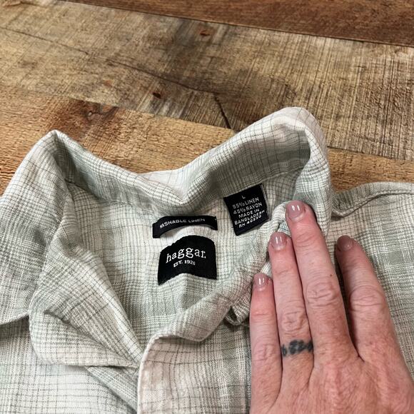Haggar | Men's Green Cream Plaid Beachy Summer Washable Linen Shirt Sz L - Picture 3 of 4
